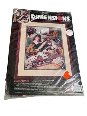 Vintage 1995 Dimensions Enraptured Crewel Embroidery Kit New Girl Book Bear Wool